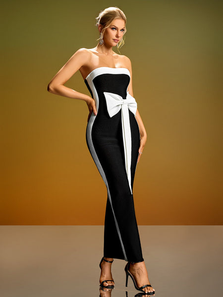 White-Bow Wide Stripe Bandage Dress