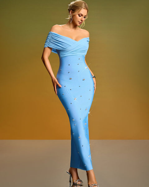 Off Shoulder Mesh Crystal Bandage Dress