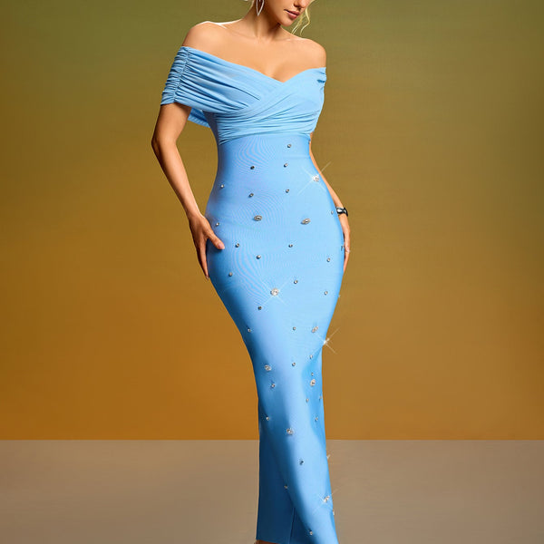 Off Shoulder Mesh Crystal Bandage Dress