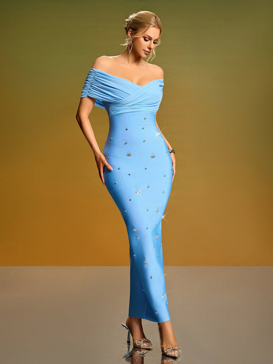 Off Shoulder Mesh Crystal Bandage Dress