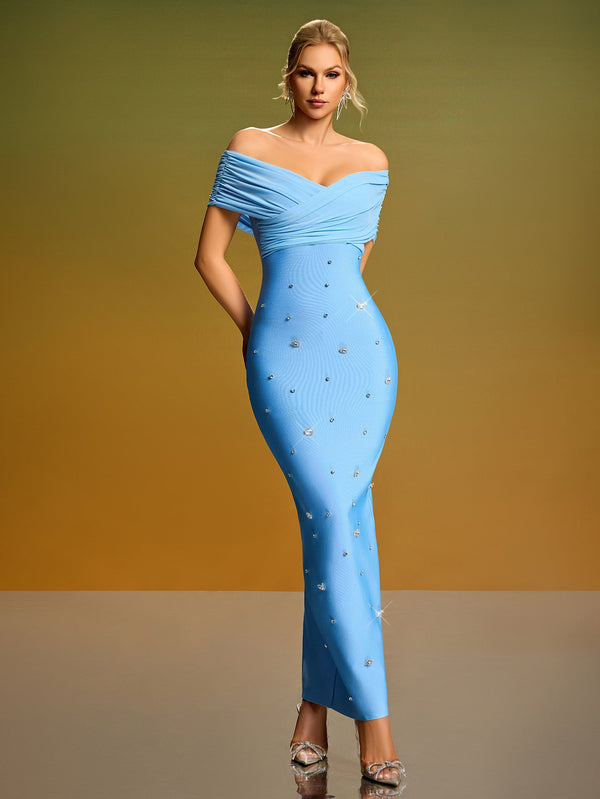 Off Shoulder Mesh Crystal Bandage Dress