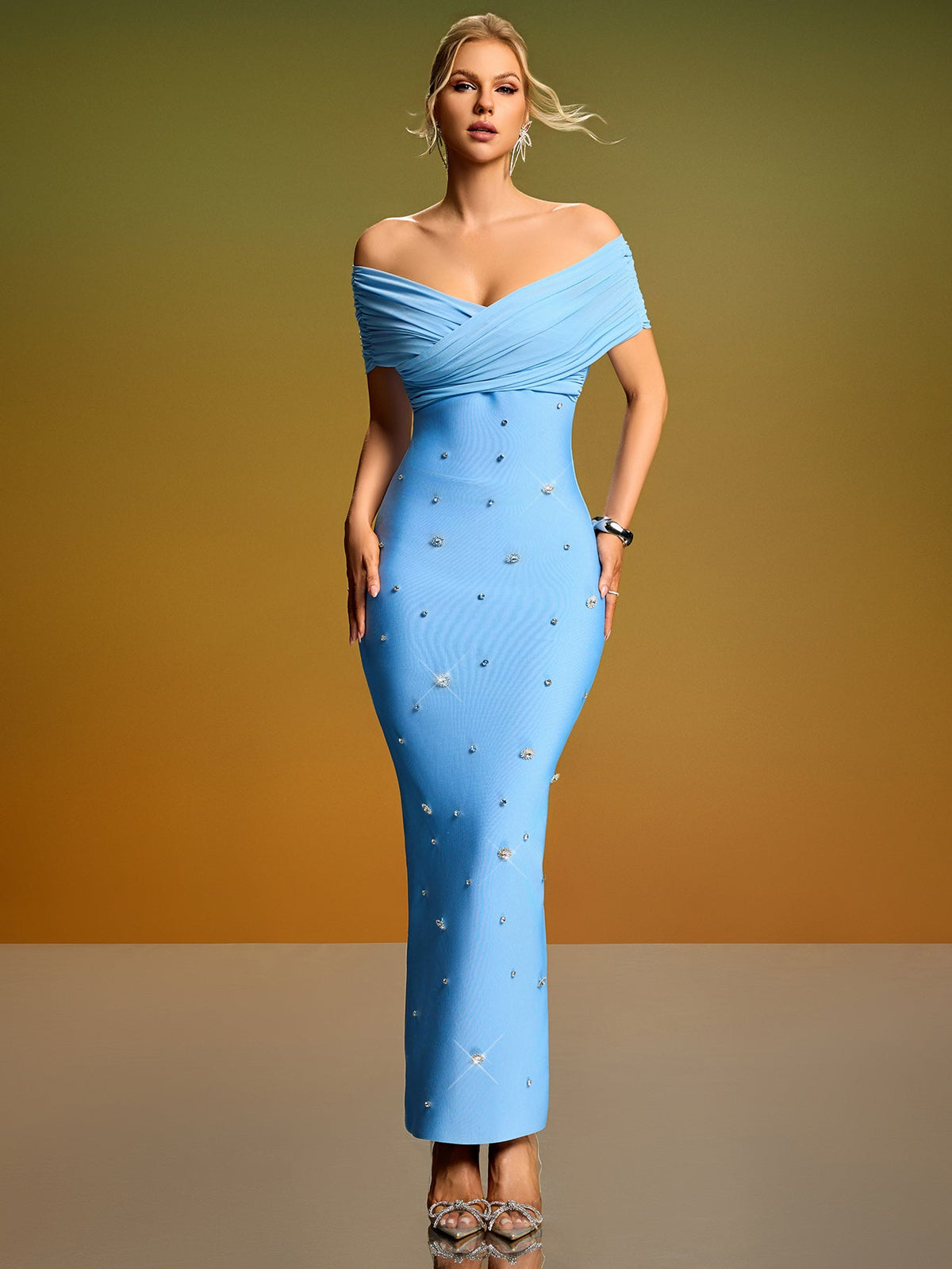 Madeleine Fontaine — Off Shoulder Mesh Crystal Bandage Dress, alternate view 5