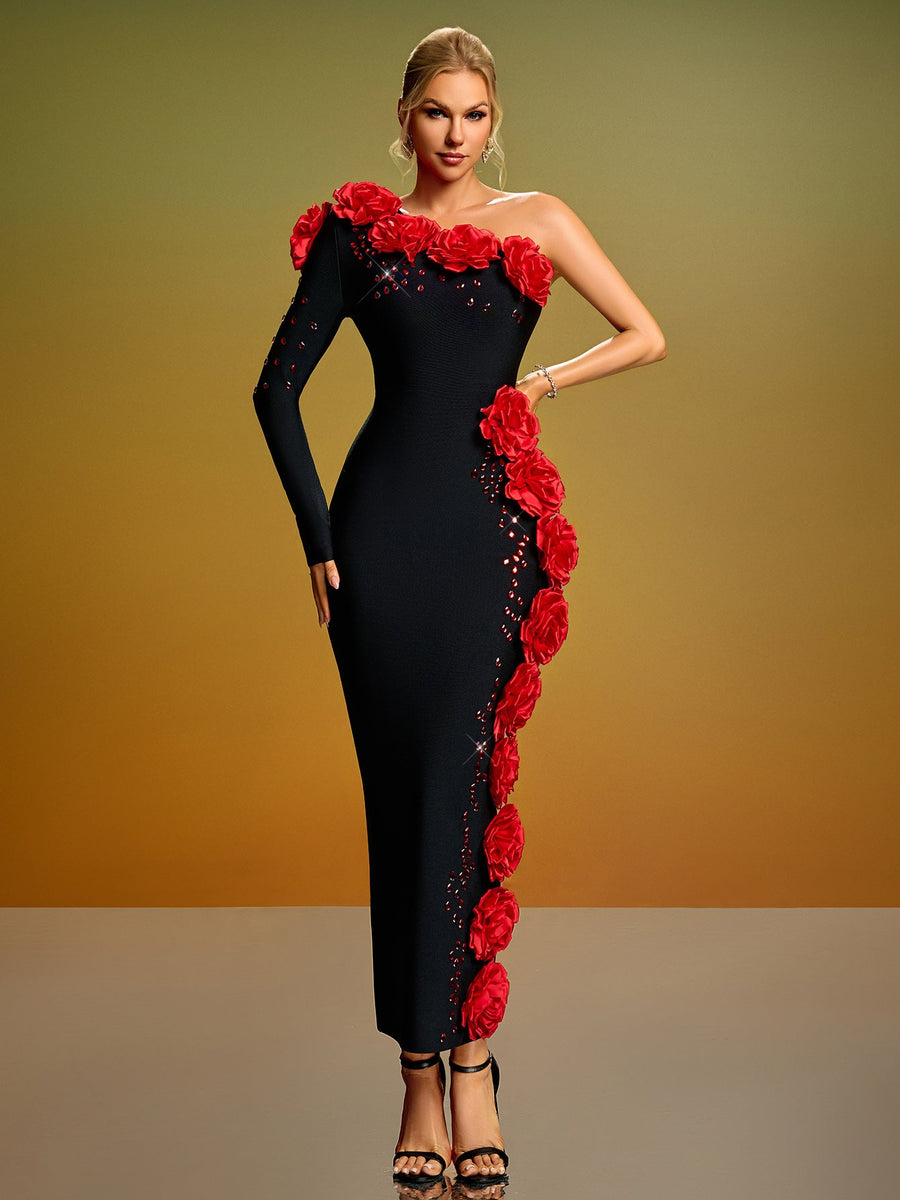 One Shoulder 3D Flowers Crystal Bandage Dress