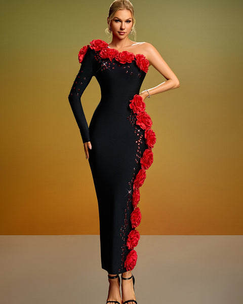 One Shoulder 3D Flowers Crystal Bandage Dress