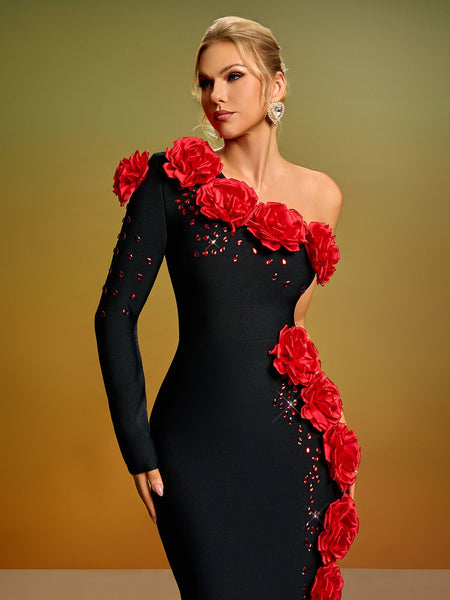 One Shoulder 3D Flowers Crystal Bandage Dress