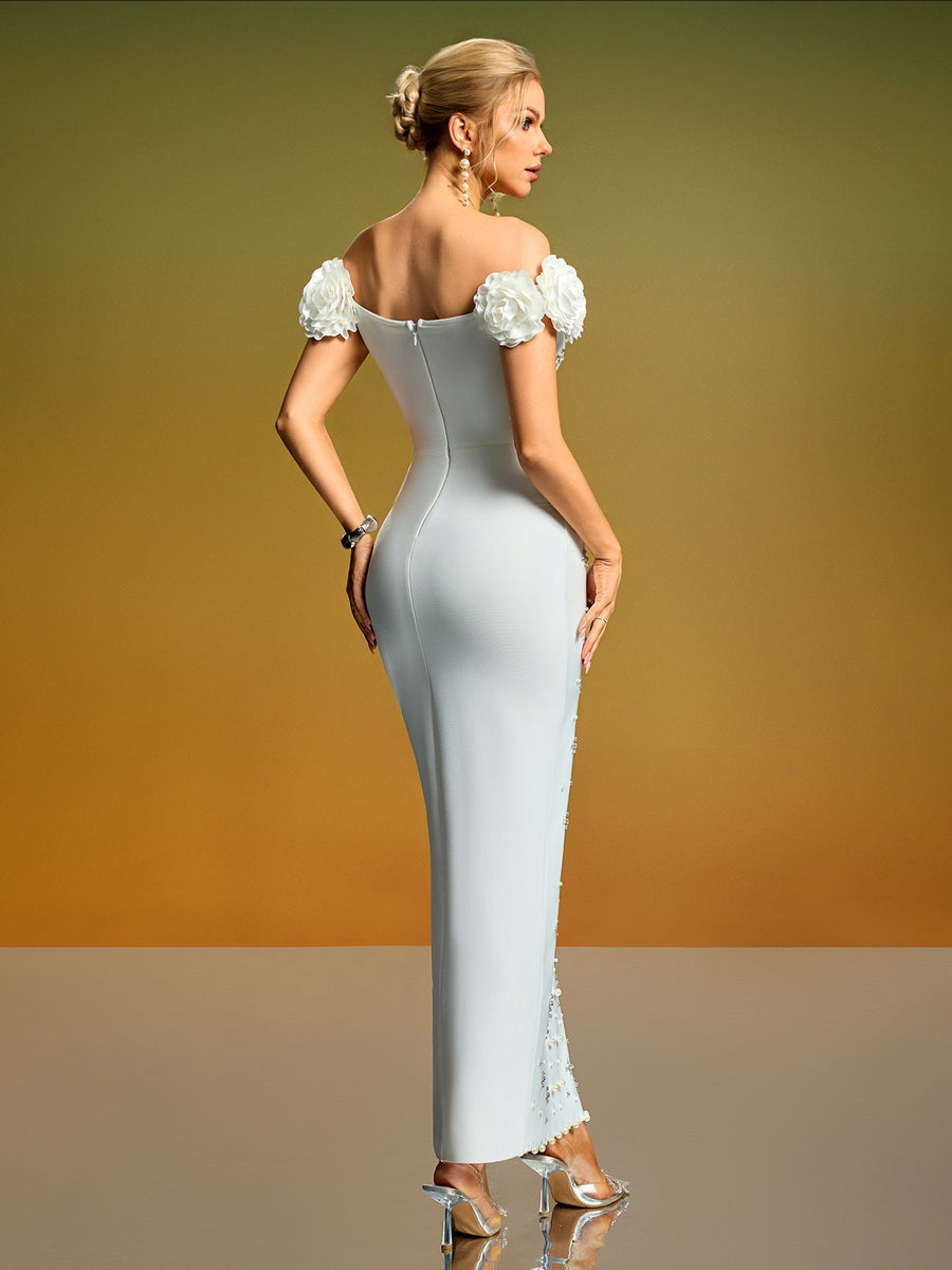 Off Shoulder 3D Flowers Pearl Bandage Dress