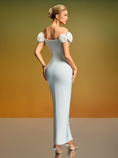 Off Shoulder 3D Flowers Pearl Bandage Dress