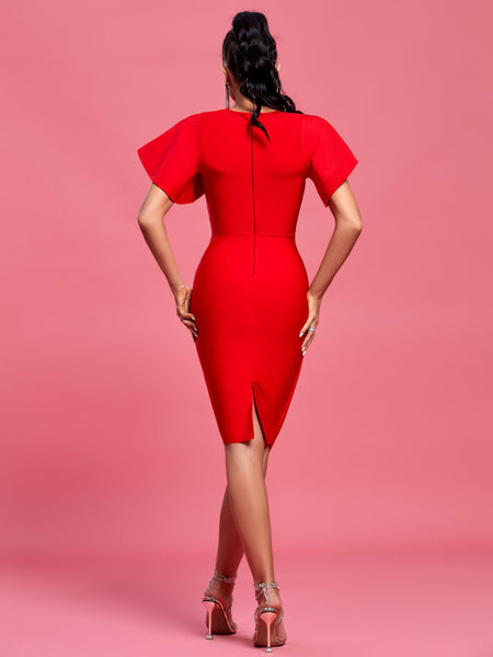 Round Neck Ruffles Sleeve Midi Bandage Dress