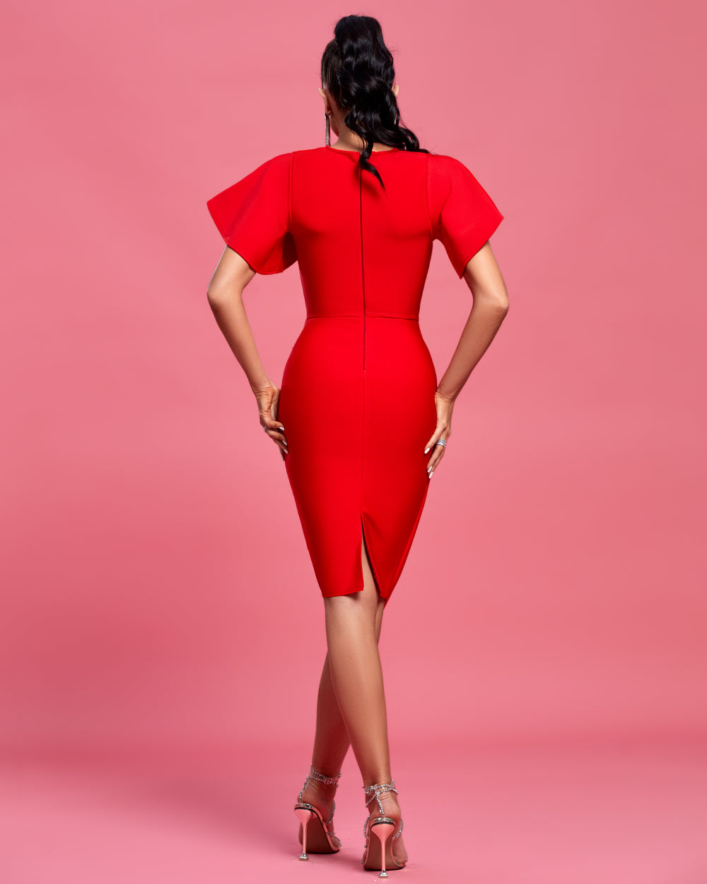 Madeleine Beaumont — Round Neck Ruffles Sleeve Midi Bandage Dress, alternate view 3