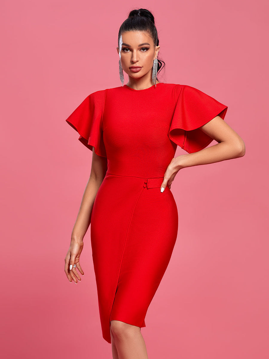 Round Neck Ruffles Sleeve Midi Bandage Dress