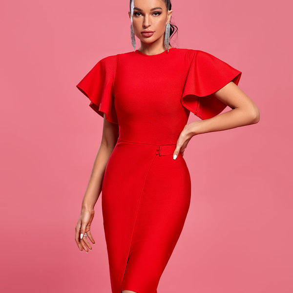 Round Neck Ruffles Sleeve Midi Bandage Dress