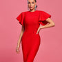 Round Neck Ruffles Sleeve Midi Bandage Dress