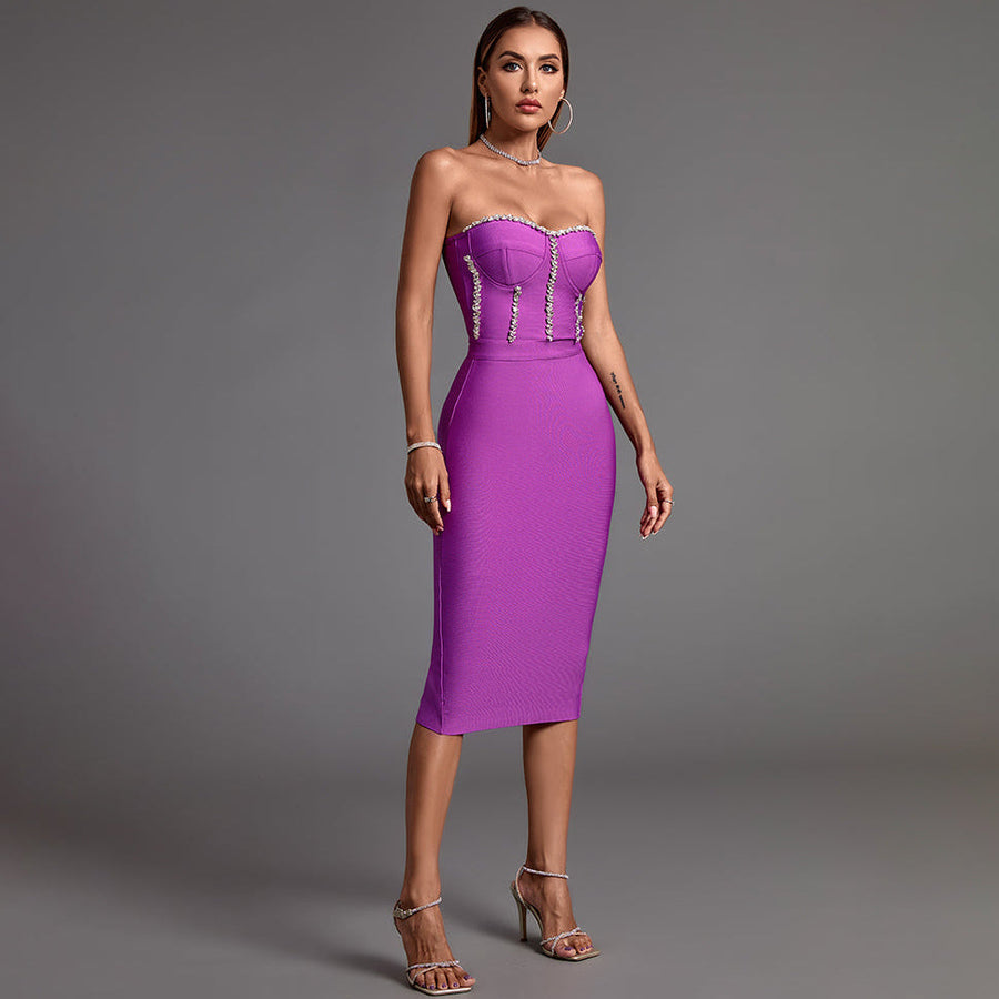 Chic Strapless Midi Bandage Dress with Eye-Catching Chain Details - Opulent Empire