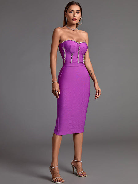 Chic Strapless Midi Bandage Dress with Eye-Catching Chain Details - Opulent Empire