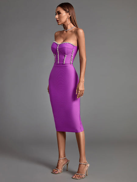 Chic Strapless Midi Bandage Dress with Eye-Catching Chain Details