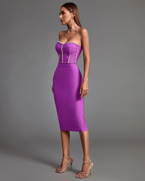 Chic Strapless Midi Bandage Dress with Eye-Catching Chain Details