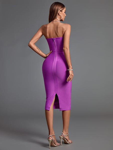 Chic Strapless Midi Bandage Dress with Eye-Catching Chain Details