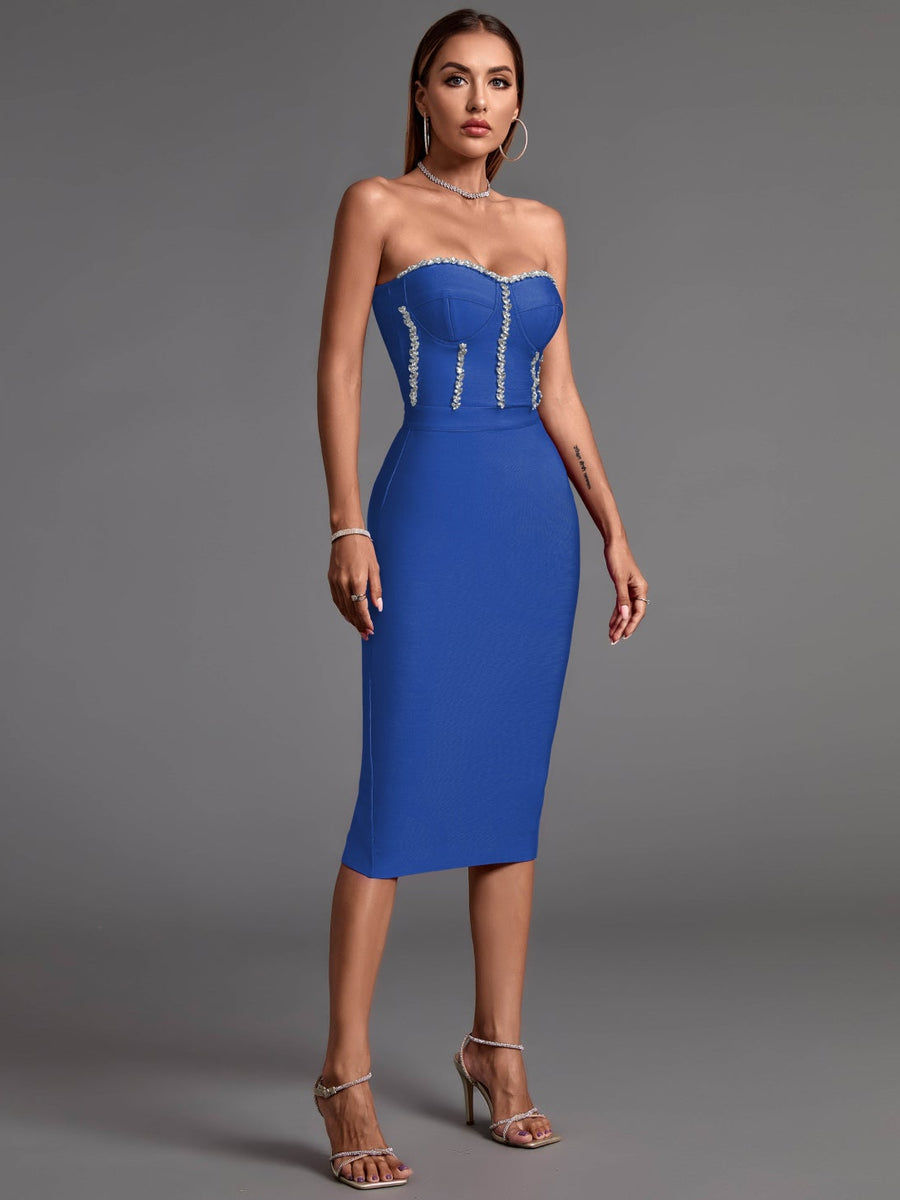 Chic Strapless Midi Bandage Dress with Eye-Catching Chain Details