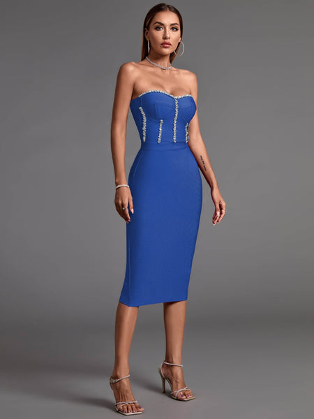 Chic Strapless Midi Bandage Dress with Eye-Catching Chain Details