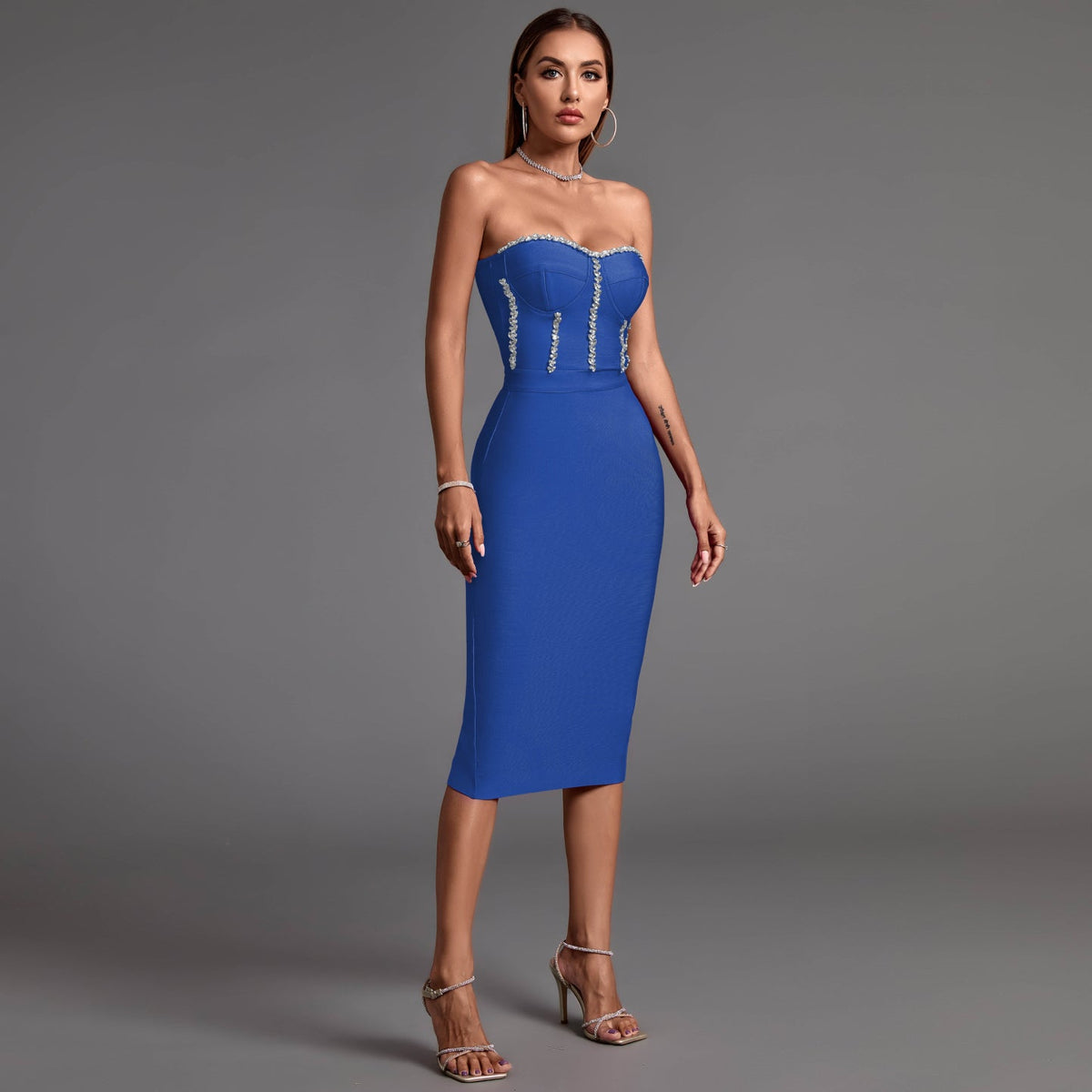 Chic Strapless Midi Bandage Dress with Eye-Catching Chain Details