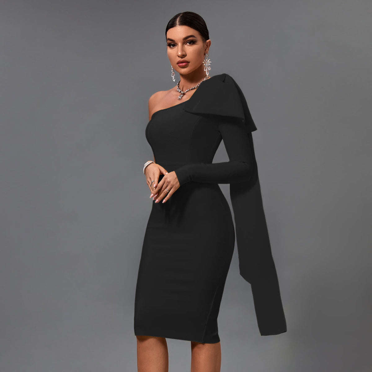 Francesca Beaumont — Chic Asymmetrical Bowknot Midi Dress, alternate view 6