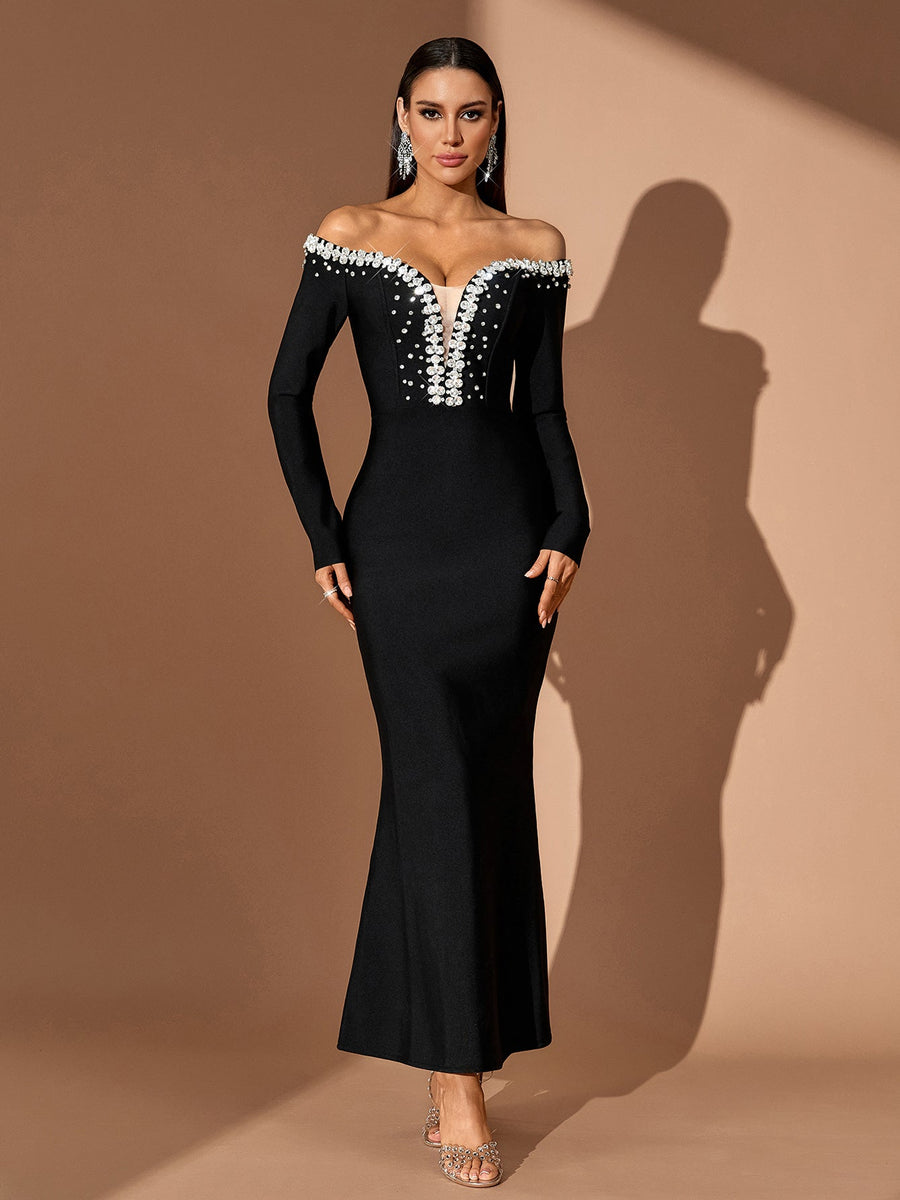 Off Shoulder Crystal Bandage Maxi Dress