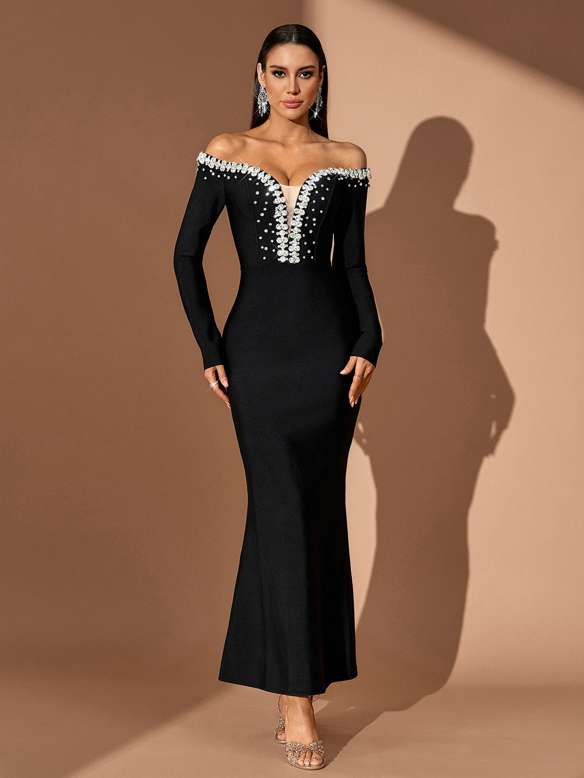 Evangeline Rivière — Off Shoulder Crystal Bandage Maxi Dress