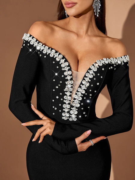 Off Shoulder Crystal Bandage Maxi Dress