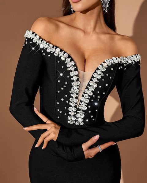 Off Shoulder Crystal Bandage Maxi Dress