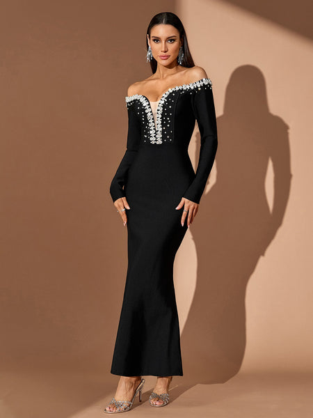 Off Shoulder Crystal Bandage Maxi Dress