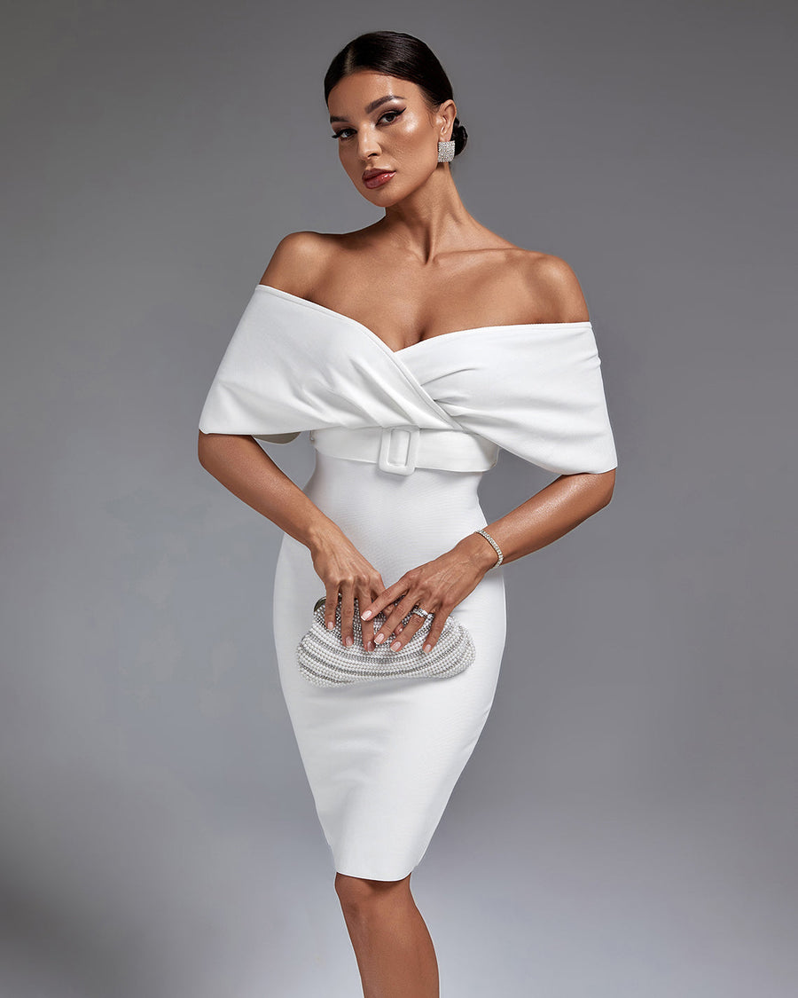 Tatiana Beaumont — Chic V-Neck Midi Bandage Dress Featuring a Stylish Belt