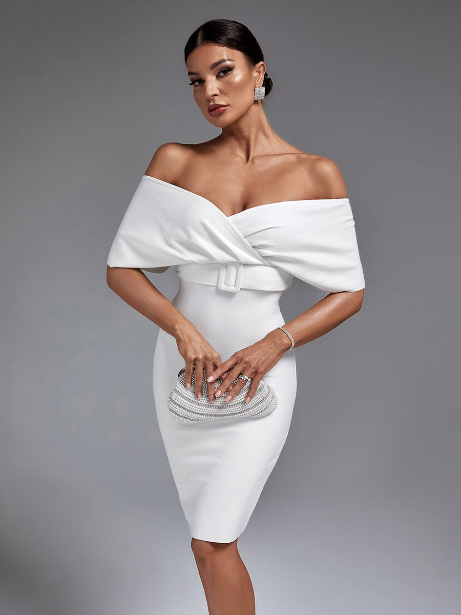 Chic V-Neck Midi Bandage Dress Featuring a Stylish Belt - Opulent Empire