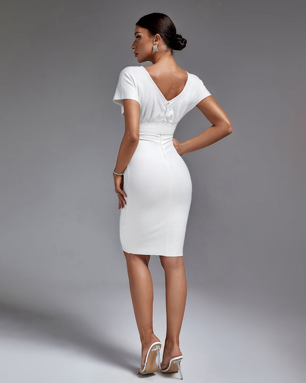 Chic V-Neck Midi Bandage Dress Featuring a Stylish Belt