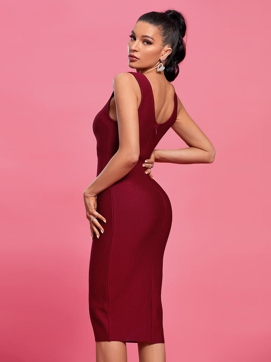 V Neck Sleeveless Slit Midi Bandage Dress