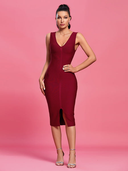 V Neck Sleeveless Slit Midi Bandage Dress