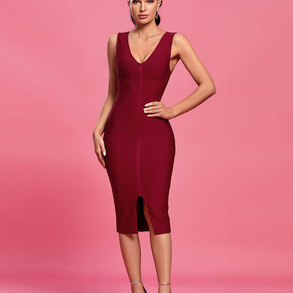 V Neck Sleeveless Slit Midi Bandage Dress