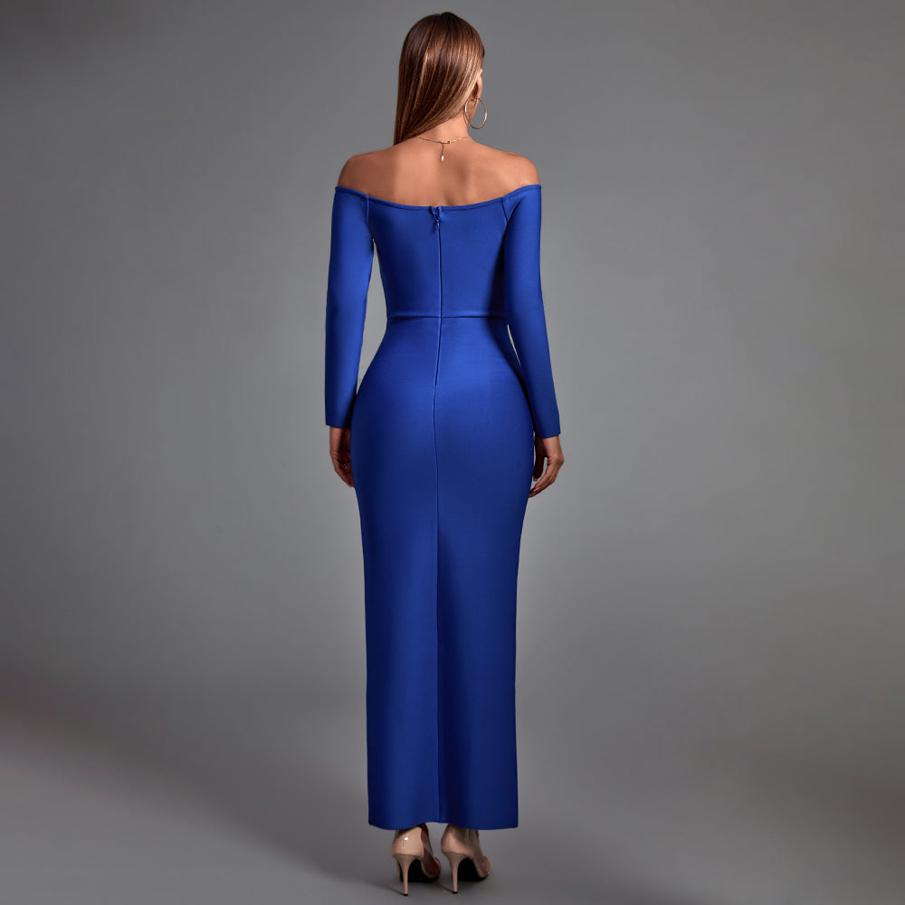 Yseult — Off Shoulder Long Sleeve Slit Maxi Bandage Dress, alternate view 4
