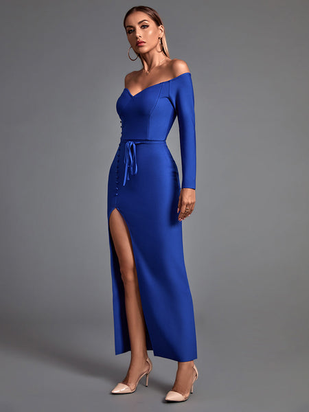 Off Shoulder Long Sleeve Slit Maxi Bandage Dress