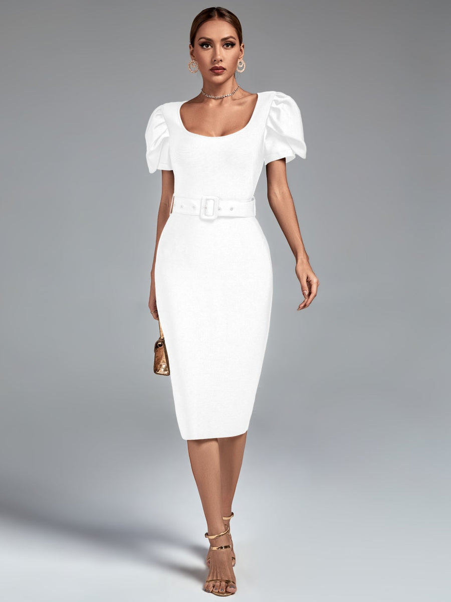 Square Collar Short Sleeve Midi Bandage Dress