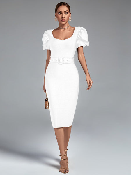 Square Collar Short Sleeve Midi Bandage Dress