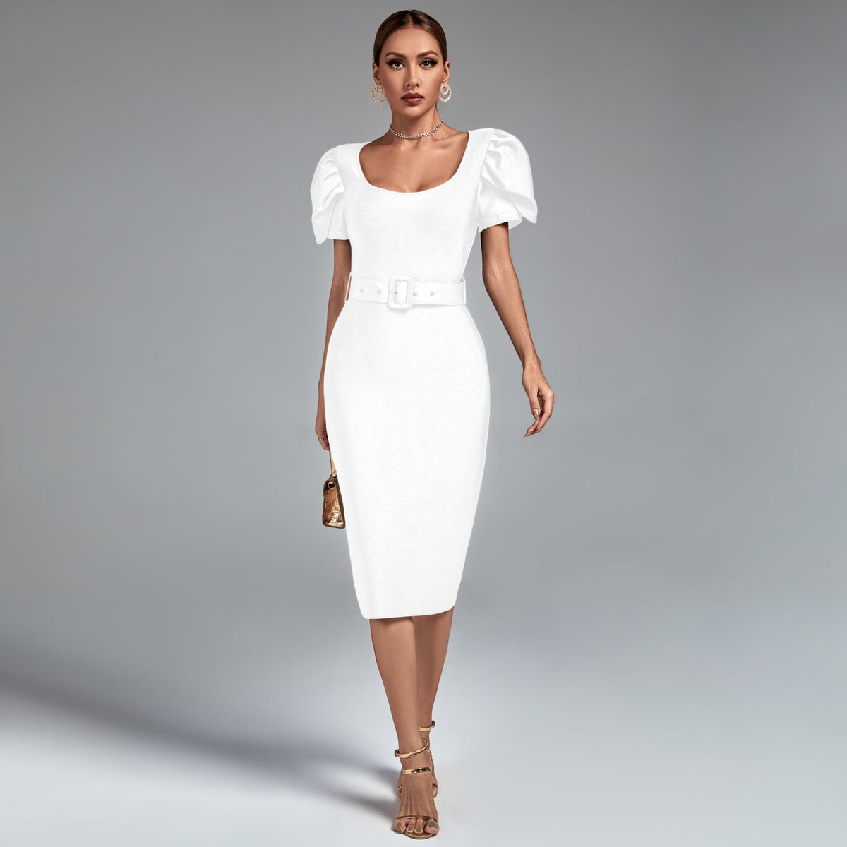 Camille Beaumont — Square Collar Short Sleeve Midi Bandage Dress, alternate view 6