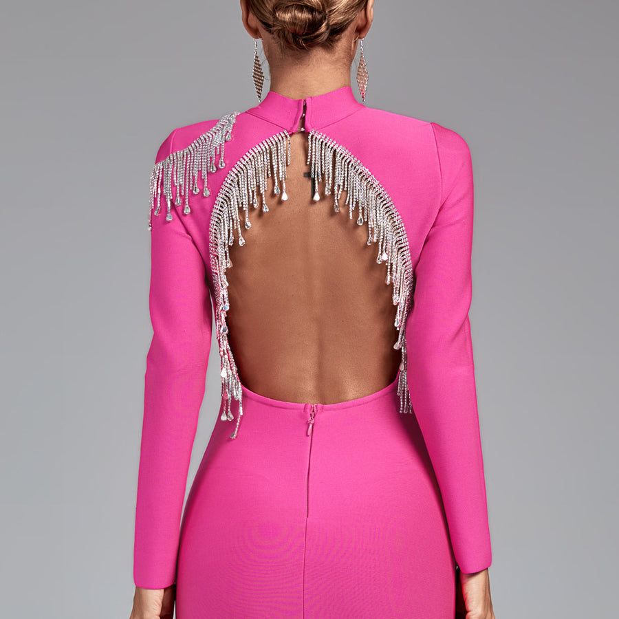 Juliette Beaumont — High Neck Backless Tassels Bandage Dress, alternate view 2