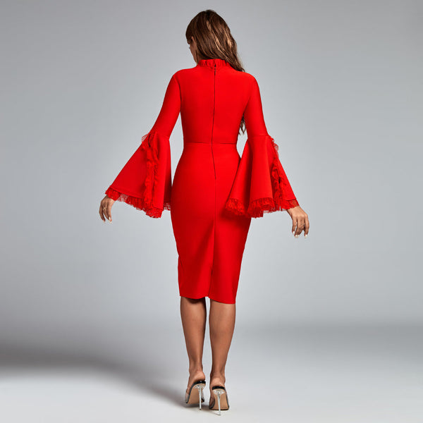 Pagoda Sleeve Lace Midi Bandage Dress