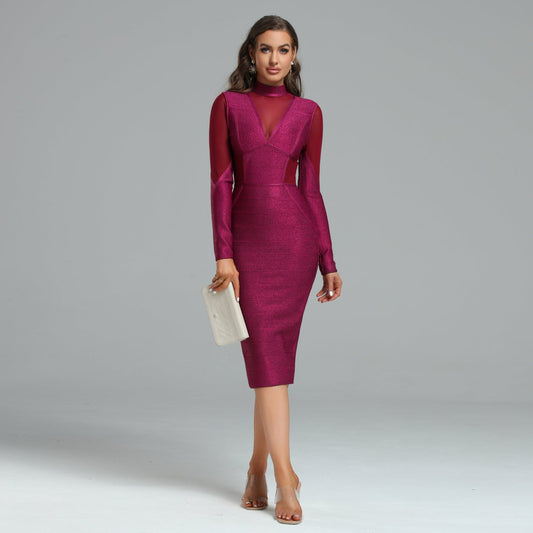 High-Neck Gold Dust Mesh Bandage Dress - Opulent Empire