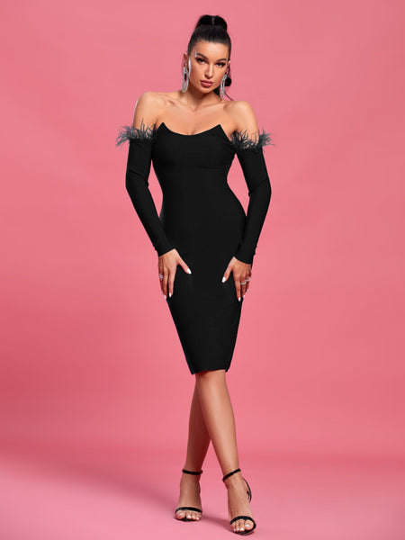 Elegant Off-Shoulder Midi Dress with Feather Trim