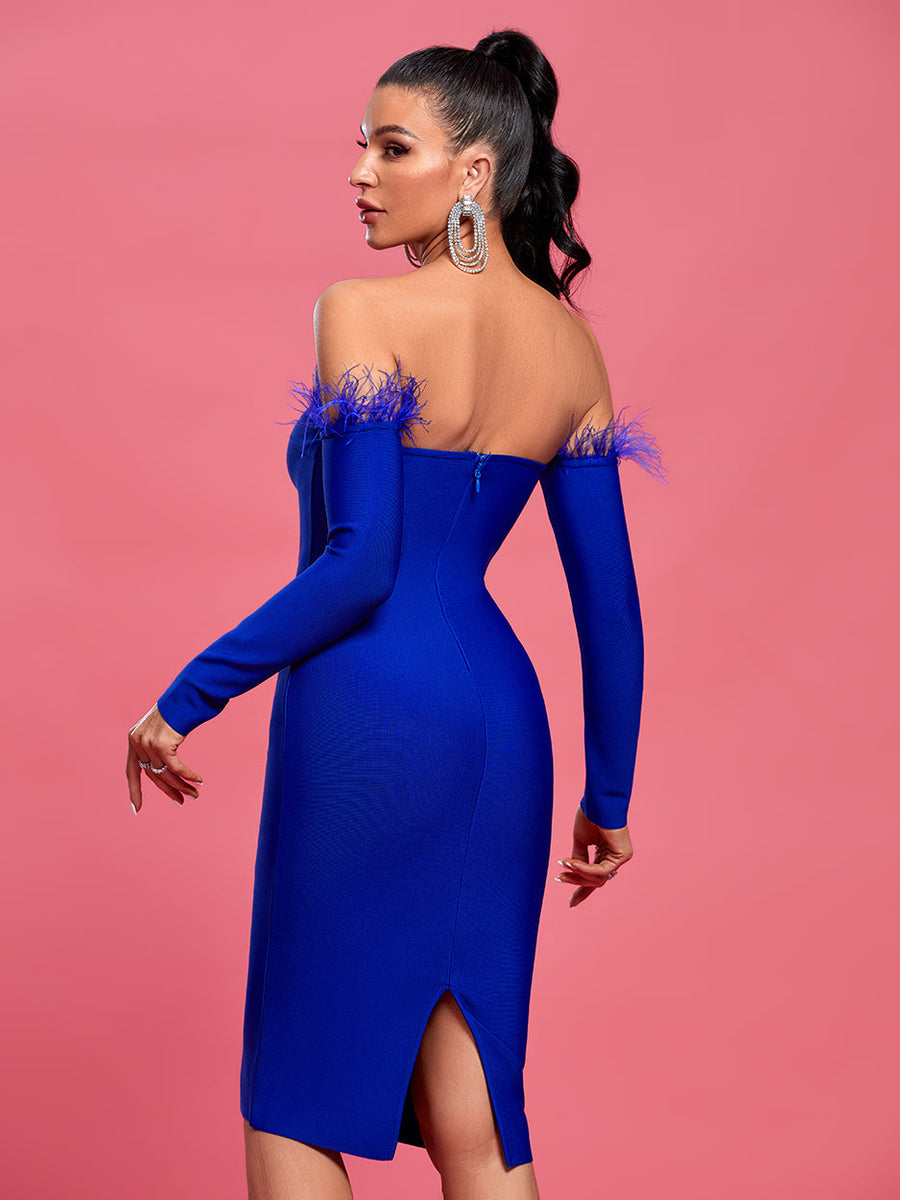 Elegant Off-Shoulder Midi Dress with Feather Trim