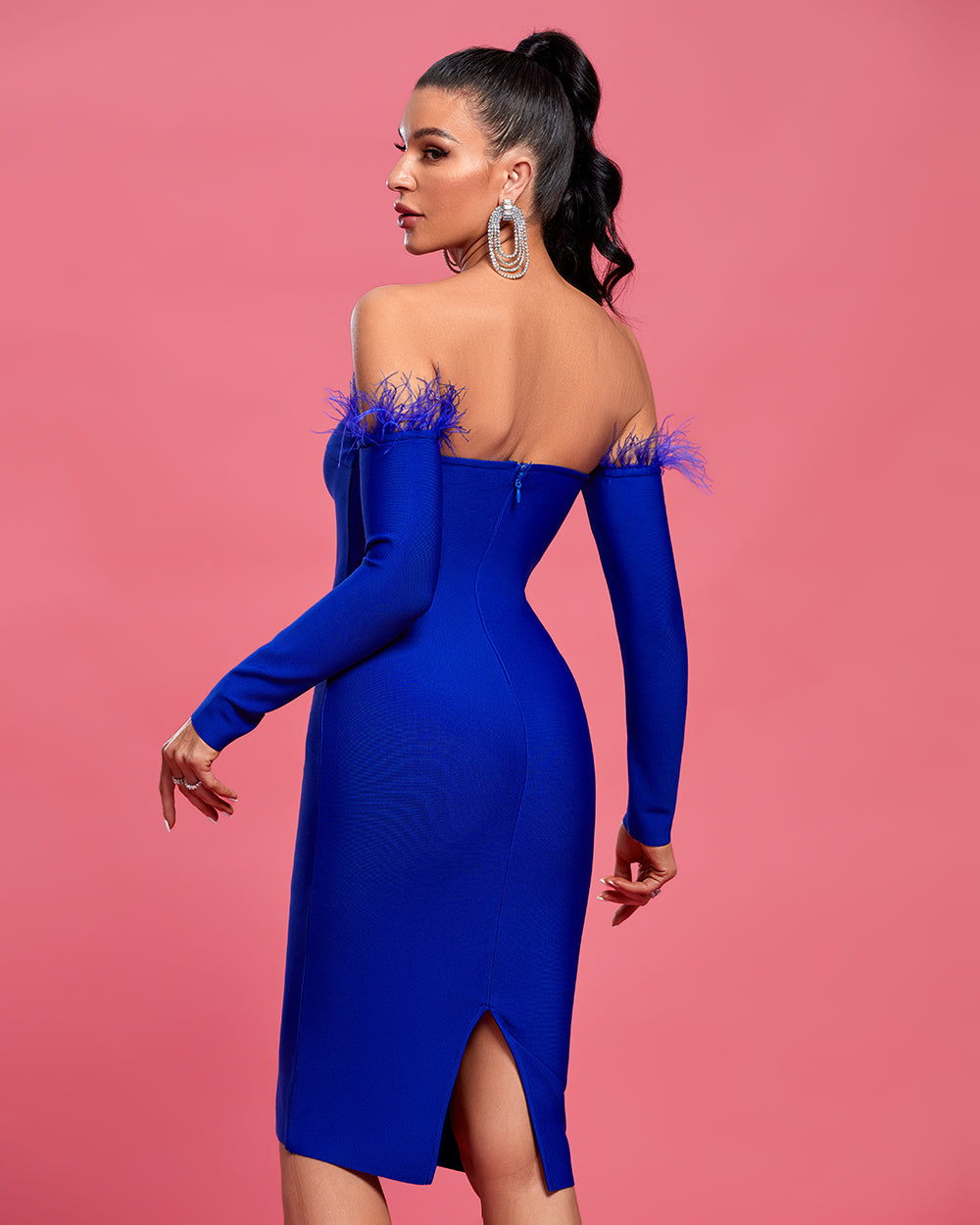 Elegant Off-Shoulder Midi Dress with Feather Trim