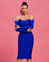 Elegant Off-Shoulder Midi Dress with Feather Trim - Opulent Empire