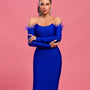 Elegant Off-Shoulder Midi Dress with Feather Trim