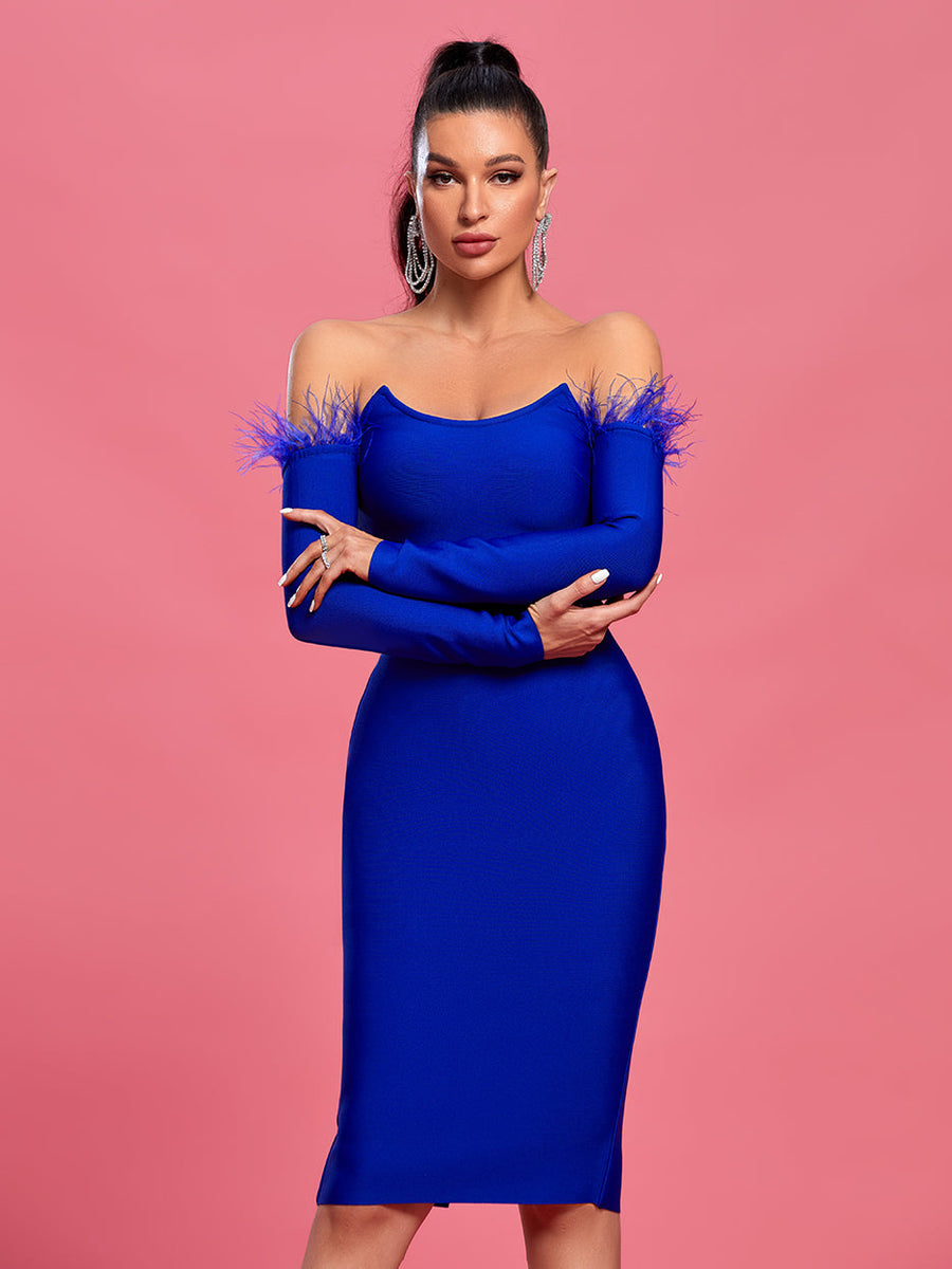 Elegant Off-Shoulder Midi Dress with Feather Trim - Opulent Empire